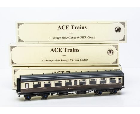 ACE Trains 0 Gauge 3-rail GWR Coaching Stock, comprising buffet car 9676, full brake 295 and 3rd class 1297, all in lithograp