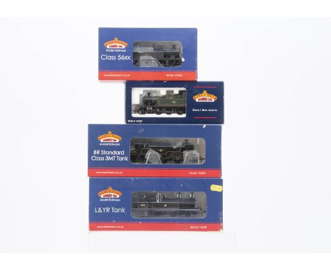 Bachmann OO Gauge Steam Locomotives, four boxed BR examples 31-166 L&amp; YR 2-4-2 50636, 31-978 Standard 3MT 82019, 32-082 C