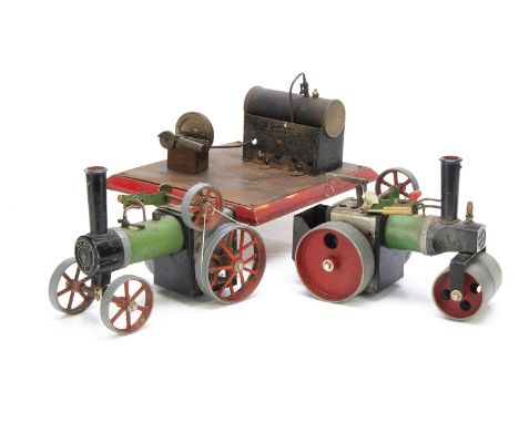 Mamod SR1a Steam Roller and early TE1 Traction Engine with a home-made Stationary Engine, the Mamods both in red/green, the R