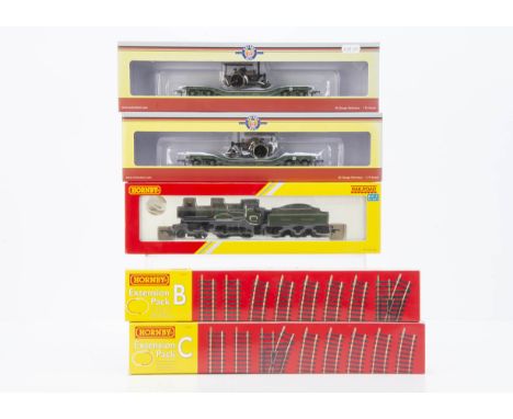 Hornby 00 Gauge County Class Locomotive Track Packs and Oxford Rail wagons with Steam Engine Loads, R3157 GWR green County Cl