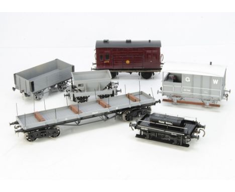 A Group of Gauge 1 Kit-built Freight Stock, including GWR horsebox in crimson from a Gaugeonetrains kit, with 'shirtbutton' m