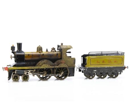 An uncommon Bing Gauge 2 (54mm) Live Steam LSWR '593' 4-4-0 Locomotive and Tender,  in LSWR lined bright green with brass num