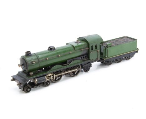 A Märklin Gauge 1 live steam Continental 4-4-2 Locomotive and Tender,  overpainted in green, with twin outside cylinders, rev