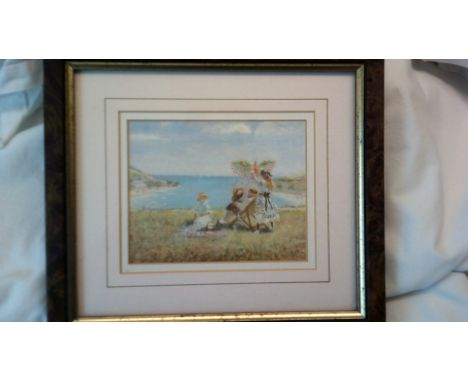 Painting-Watercolour-Manuscript series 807- delightful scene on cliff over looking the sea - framed 8 x 10