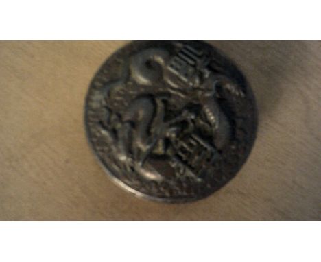 Chinese Box-Approx 3" round Chinese trinket box, heavy metal, dragon motif