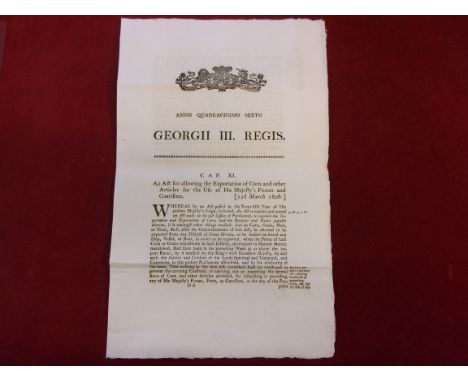 George III Parliamentary Act concerning food export for the army, 22nd March 1806 - An act for allowing the Exportation of Co