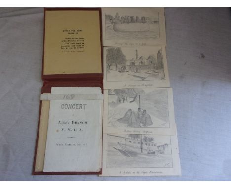 British WWI Officers Book cover for Army Book 153, with a 1917 dated Army Branch Y.M.C.A. Concert, with hand drawn postcard s