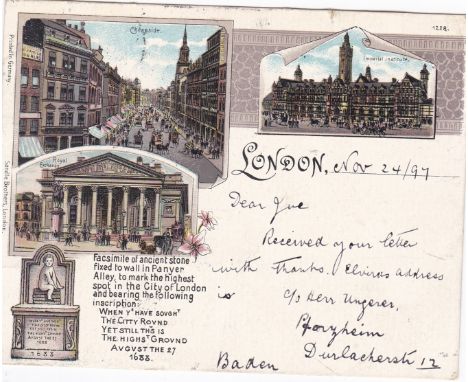 London 1897-Court Card, used to Baden, Colour - Cheapside, Royal Exchange, Imperial Institute, Pub Sandler Brothers, London N