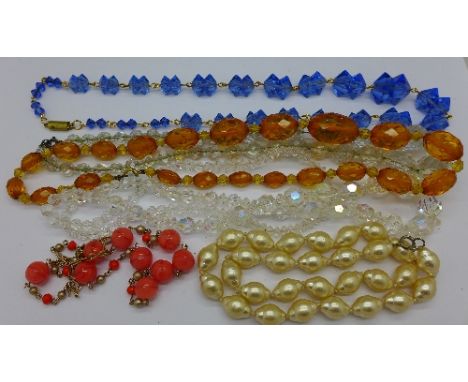 Six vintage bead necklets