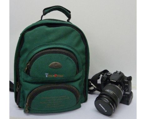 A Canon EOS 400D digital camera with a Canon zoom lens EF-S 18-200mm 1:3.5-5.6 IS, with Samsonite bag