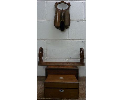 A 19th Century tea caddy, a/f, a carved wooden book slide marked 1906, a sewing box and hallway brush set