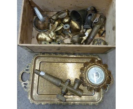Brassware including a barometer, bell, animals, etc.