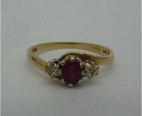 A 9ct gold, ruby and diamond ring, weight 1.7g, size P