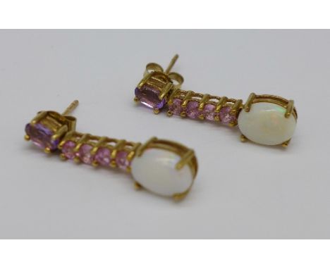 A pair of 9ct gold, opal and pink stone earrings, weight 2.8g