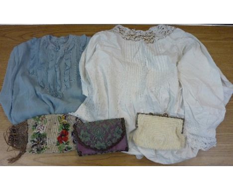Three vintage evening bags, a Victorian night dress and a vintage top