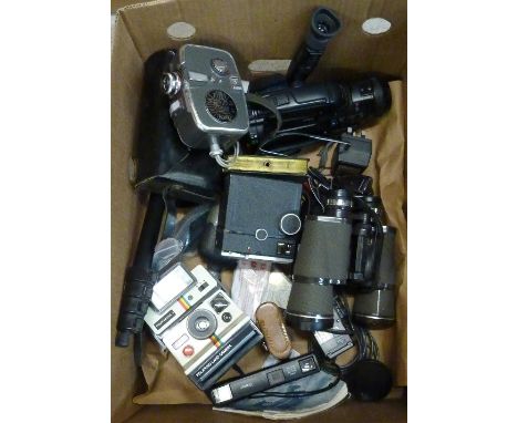 A pair of Jason 10x50 binoculars, a Polaroid Land Camera, a Goerz Frontar box camera, a Noris 8D camera, etc.