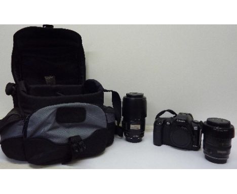 A Canon OS D60 camera body with two lenses, Canon 35-135mm EW-62 and Canon 75-300mm Image Stabilizer lens, with carrying case
