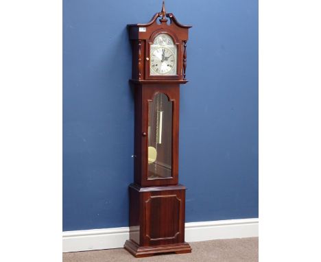 Reproduction mahogany longcase clock, silvered dial, 31 day movement, chiming on hours and halves on gong, H145cm CLOCKS & BA