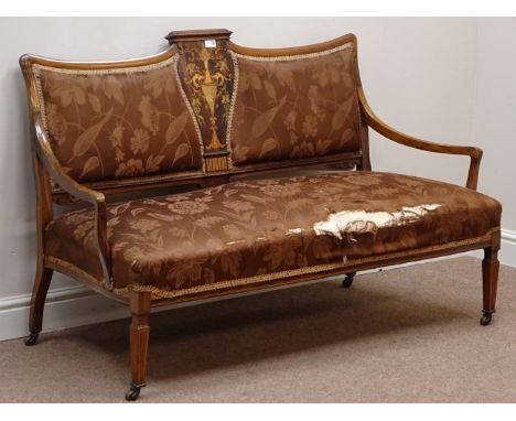 Edwardian inlaid rosewood two seat settee, shield shaped back with vase, and scrolling floral inlays, mother of pearl detail,