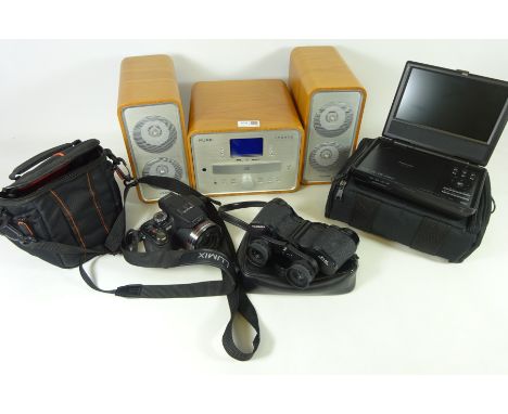 Lumix DMC-FZ45 Panasonic digital camera, with camera case, pair of binoculars, portable DVD player and a Pure Digital Hi-fi  