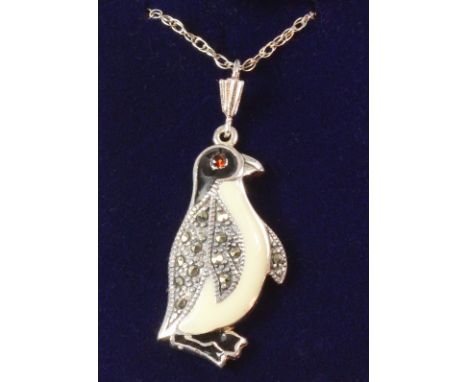 Enamel and marcasite penguin pendant necklace stamped 925   Condition Report   Click here for further images, condition, auct