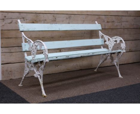 Coalbrookdale style garden bench, cast aluminium frames with foliage and berry moulding, light blue painted slats, W148cm   C