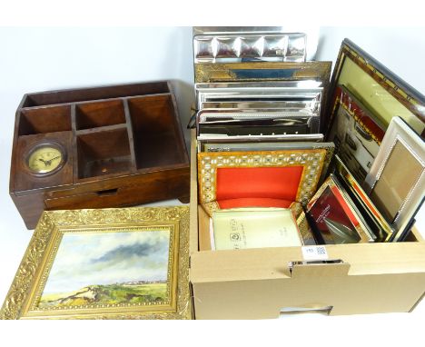 Collection of modern photo frames, large wooden stationary box and a view of Scarborough, oil on board by R. Brookes    Condi