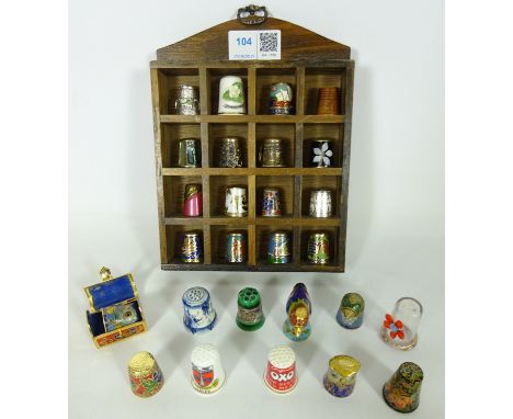 Ceramic and hallmarked silver thimble, Cloisonne, mother of pearl, metalware and other thimbles with a small display board   