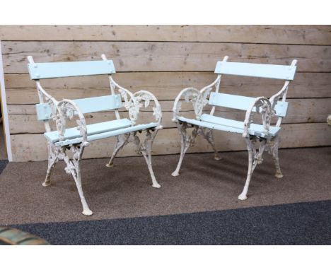Pair Coalbrookdale style garden armchair, cast aluminium frames with foliage and berry moulding, light blue painted slats, W6
