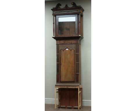 Early 19th century oak and mahogany longcase clock case, triple arched trunk door, swan neck pediment, H213cm