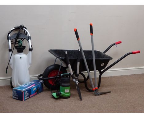 Wheelbarrow, 250W Buffalo clear water pump, Fern angle grinder, hedge trimmers and a garden sprayer  (This item is PAT tested