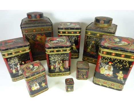 Large oriental style tea caddy shaped tin and a set of eight similar tins in one box    Condition Report   Click here for fur