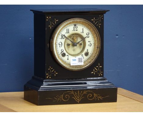 Victorian painted Ansonia metal mantle clock, visible escapement, twin train movement half hour striking on a coil, H26cm CLO
