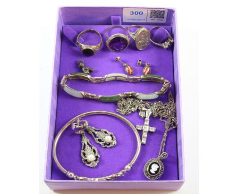 Amethyst and marcasite ring stamped 935, mourning ring stamped silver, other rings, bracelets, pendants and pairs ear-rings s