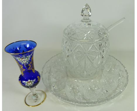 Large cut crystal lidded punch bowl with ladle, eleven glasses and stand, hallmarked silver hand mirror and Bianealani painte