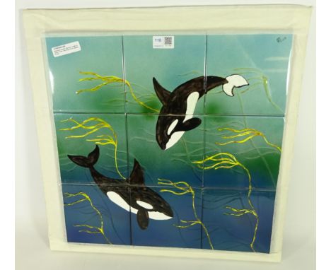 Individual set of nine ceramic tiles for a ready to install mural, depicting Orcas playing in kelp, 45cm x 45cm    Condition 
