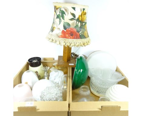 Vintage glass light shades and an inlaid wooden table lamp    (This item is PAT tested - 5 day warranty from date of sale)   