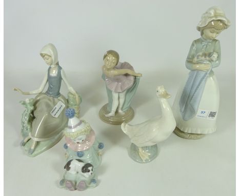 Lladro figure of a seated woman and a clown with a puppy and three other Nao figures (5)   Condition Report   Click here for 