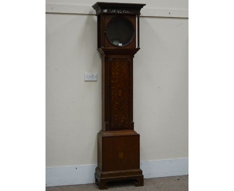 George lll inlaid mahogany crossbanded oak longcase clock case with Tempus Fugit pierced frieze, circular dial opening, flute