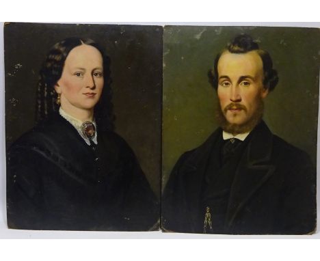 Bust Portrait of a Gentleman and Lady, pair mid 19th century oils on board unsigned 62cm x 47cm (2) unframed   Condition Repo