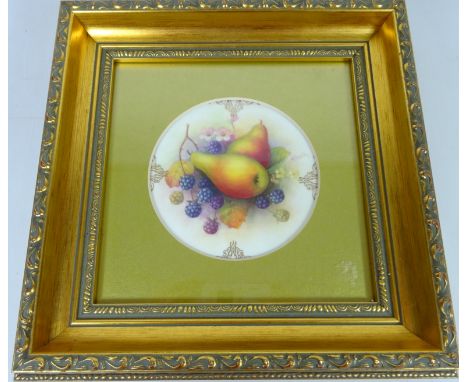 Royal Worcester plaque hand painted with pears & berries with gilt detail, signed A Shuck, dated 1925 in a glazed and gilt fr