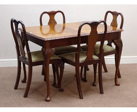 Queen Anne style figured walnut extending dining table with leaf (H76cm, 84cm x 118cm - 159cm), and four matching dining chai