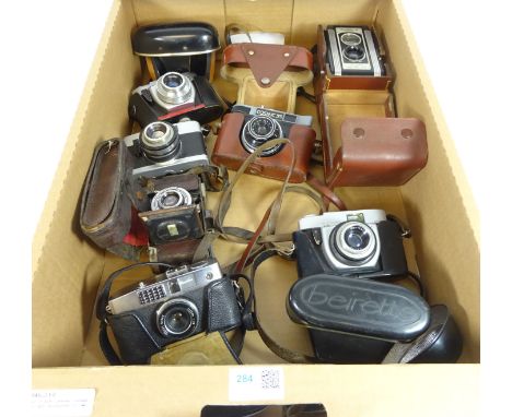 Three Beirette Vintage cameras, Comsmic 35 camera, Ricoh caddy and other Vintage cameras in one box   Condition Report   Clic