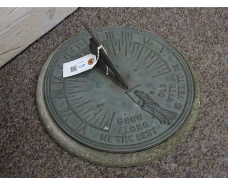 Copper finish circular sundial top on composite stone mount    Condition Report   Click here for further images, condition, a