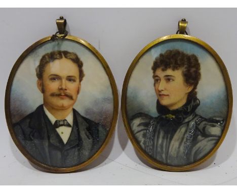 Bust Portraits of a Lady and Gentleman, pair 19th century oval miniatures hand painted portrait miniatures 10cm x 8cm   Condi