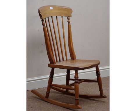 Victorian beech stick back farmhouse rocking chair with dished elm seat   Condition Report   Click here for further images, c