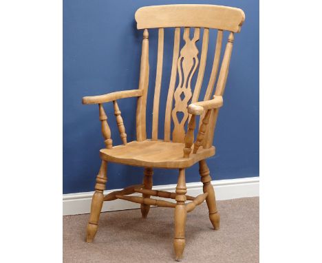 Farmhouse style beech carver armchair, stick back with fret work splat, turned double 'H' stretcher base    Condition Report 