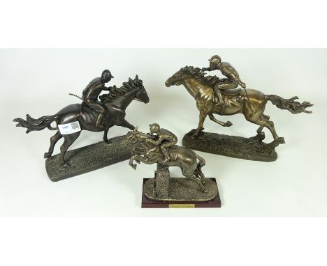 Veronese bronzed resin model of a racehorse and Jockey and two other similar sculptures    Condition Report   Click here for 