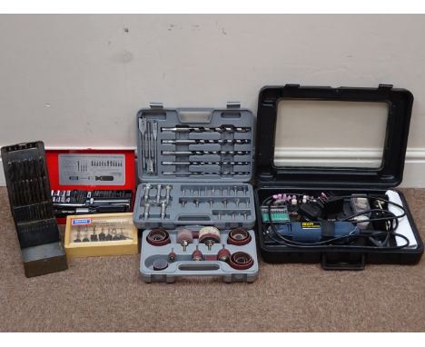 PowerCraft combination multi-tool, various router and drill bits in cases and an automatic screwdriver and socket set (This i