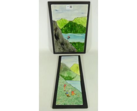 Pair of ceramic mosaic wall plaques 1x mountain biker & 1x hikers 35cm x 25cm (2).   Condition Report   Click here for furthe
